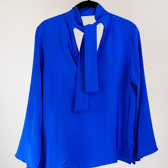 AUM Couture 100% Silk Sapphire Blue Tie-Neck Blouse | Size S | Made in USA - Picture 2 of 6